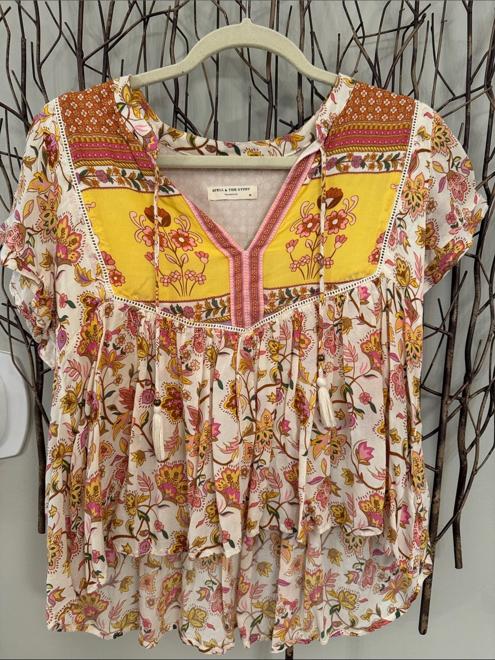 Spell Floral Embroidered Peasant Top in Yellow and Pink